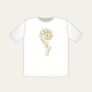 Unrolling Fiddlehead Fern T-Shirt in white: A single fiddlehead fern unrolls in cream line art.