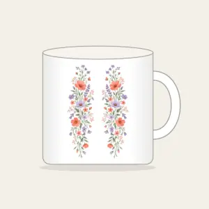 Drifting Wildflowers in Coral and Lilac Mug in white: Wildflowers in coral, lilac and sage drift in long lines across the artwork.