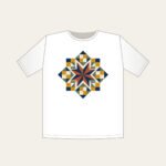 Star Medallion Patchwork T-Shirt in white: An eight-point star medallion in navy, cream and rust with mustard and sage patchwork squares.
