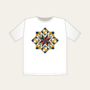 Star Medallion Patchwork T-Shirt in white: An eight-point star medallion in navy, cream and rust with mustard and sage patchwork squares.