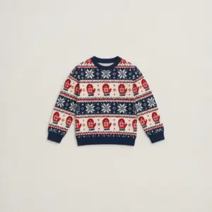 Fair Isle Mitten Youth Sweater with all-over Fair Isle-style rows of mittens and snowflakes in red, cream and navy