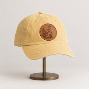 Engraved Heron Patch Dad Hat with an engraved heron standing in reeds on the patch, single tone
