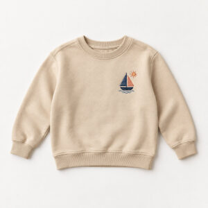 Sand Little Sailboat Youth Sweatshirt with embroidery of a sailboat with two sails and a small sun on the left chest in navy, coral and cream