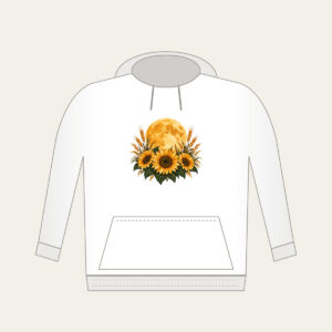 Harvest Moon over Sunflower Fields Hoodie in white: A large harvest moon rises over sunflower and wheat silhouettes in amber, deep green and cream.