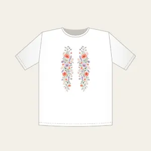 Drifting Wildflowers in Coral and Lilac T-Shirt in white: Wildflowers in coral, lilac and sage drift in long lines across the artwork.