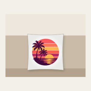 Palm Trees Against a Striped Sunset Pillow in white: Palm trees stand against a striped sunset in coral, plum and gold.