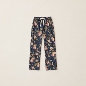 Evening Orchard Straight Pajama Pants with all-over pear branches and crescent moons in dusty rose, gold and navy