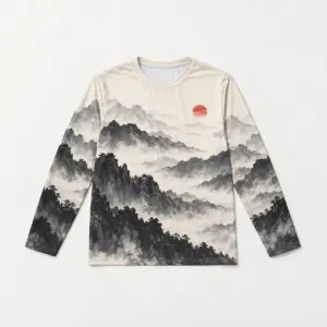 Ink Wash Mountains Long Sleeve Shirt with layered ink wash mountains in charcoal and grey with a small red sun on a cream base