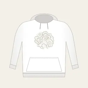Moss Contour Map Hoodie in white: Topographic contour lines in moss, sand and cream with a tiny peak marker.