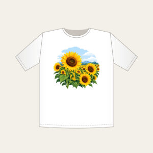 Sunflower Field Under a Pale Sky T-Shirt in white: A field of yellow and brown sunflowers beneath a pale blue sky.