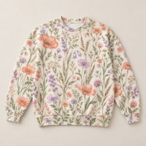 Lightweight Wildflower All-Over Sweatshirt with all-over wildflowers and grasses in coral, lilac and sage on cream