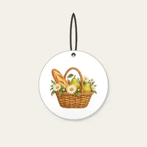 Baguette and Pear Basket Ceramic Ornament in white: A woven basket holds a baguette, two pears and white daisies in warm tan, green and cream.