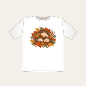 Sleeping Hedgehogs in Autumn Leaves T-Shirt in white: Little hedgehogs curl up asleep among fallen leaves in brown, rust and sage.