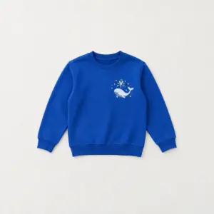 Whale Song Youth Sweatshirt with small chest print of a whale with a water spout and tiny stars in white and gold