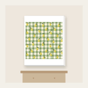 Green Gingham with Scattered Pears Canvas Print in white: Green and cream gingham checks with small pears scattered between.