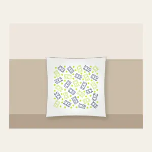 Tennis Court Lines Pillow in white: Court lines and tiny tennis balls in lime, white and navy.