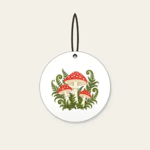 Red Toadstool Trio with Curling Ferns Ceramic Ornament in white: Three red-capped mushrooms with curling ferns in cream, red and moss green.