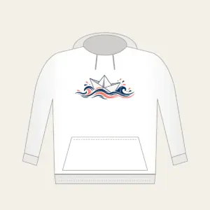 Folded Paper Boat on Navy Waves Hoodie in white: A folded paper boat on fine-lined waves in navy and coral.