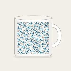 Tiny Waves and Pebbles Repeat Mug in white: A small-scale repeat of waves and pebbles in navy, teal and sand.