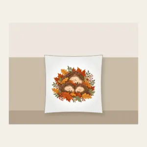 Sleeping Hedgehogs in Autumn Leaves Pillow in white: Little hedgehogs curl up asleep among fallen leaves in brown, rust and sage.
