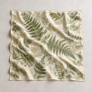 Pressed Fern Satin Scarf with all-over pressed ferns in sage and cream with a fine gold border line