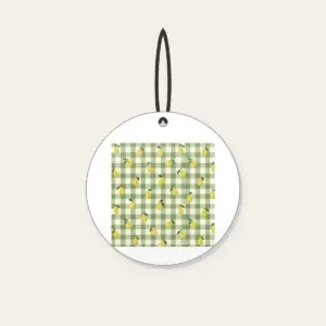 Green Gingham with Scattered Pears Ceramic Ornament in white: Green and cream gingham checks with small pears scattered between.