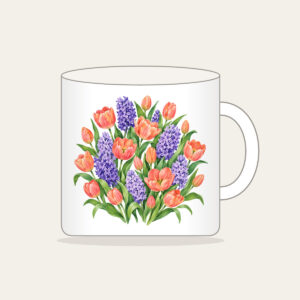 Tulip and Hyacinth Beds Mug in white: Painterly flower beds of tulips and hyacinths in coral, violet and green on pale cream.