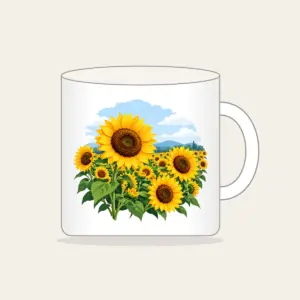 Sunflower Field Under a Pale Sky Mug in white: A field of yellow and brown sunflowers beneath a pale blue sky.