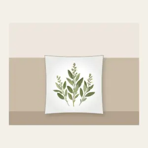 Three Pressed Sage Sprigs Pillow in white: Three sage sprigs in cream and pale green with tiny dotted stems, like a page from a pressed-botanical album.