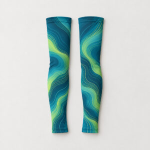 Contour Wave Arm Sleeves with flowing contour wave lines in teal and lime continuing along the length of both sleeves