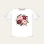 Blush and Plum Peony Blooms T-Shirt in white: Full peony blooms in blush, plum and sage fill the space in a lush repeating pattern.