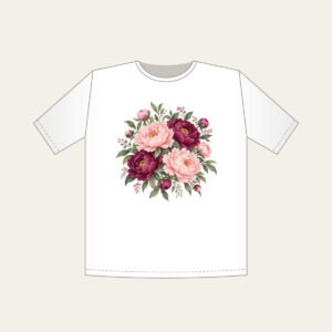 Blush and Plum Peony Blooms T-Shirt in white: Full peony blooms in blush, plum and sage fill the space in a lush repeating pattern.