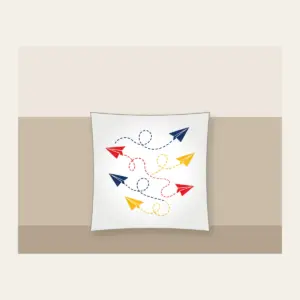 Paper Planes and Dotted Flight Paths Pillow in white: Paper planes trace dotted flight paths across cream in navy, red and yellow.