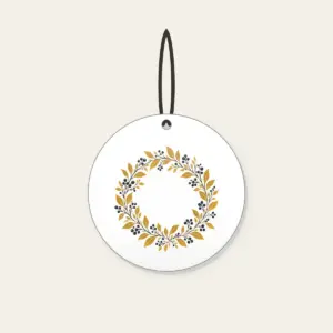 Gold Botanical Leaf and Berry Wreath Ceramic Ornament in white: A fine botanical wreath of leaves and berries drawn in dark lines on a gold ground.