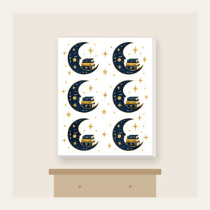 Crescent Moon with a Stack of Books Canvas Print in white: A crescent moon holds a small stack of books among tiny stars in navy and gold.