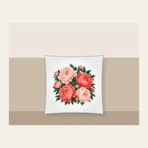 Big Peonies on Deep Green Pillow in white: Large peonies in blush and coral with leaves on a dark green ground.