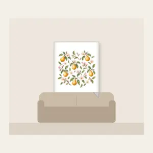 Golden Pears and Blush Blossoms Fleece Blanket in white: Small golden pears, blush blossoms and sage leaves scatter across an airy white ground.
