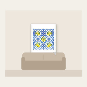 Cobalt Mediterranean Tiles with Lemons Fleece Blanket in white: An all-over repeat of Mediterranean-style tiles in cobalt and white with small lemon accents.