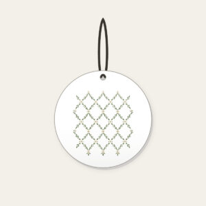 Sage Lattice Diamonds with Tiny Blossoms Ceramic Ornament in white: A lattice of diamonds in sage and cream is dotted with tiny blossoms.