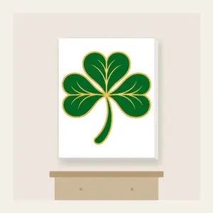 Gold-Edged Clover Leaf Canvas Print in white: A flat clover leaf in green and gold sits inside a thin border line.
