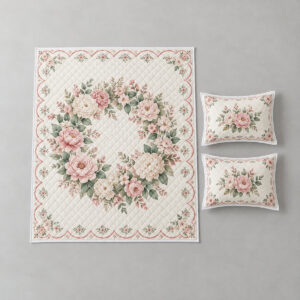 Heirloom Medallion Quilt Bedding Set with quilted-look medallion of a floral wreath in blush, sage and cream with a scalloped border, White Binding type