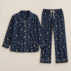 Navy Piping Pocket Pajama Set with all-over small stars and crescent moons in cream and gold on navy with contrasting piping lines