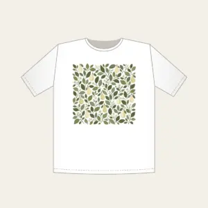 Pear and Leaf Mosaic T-Shirt in white: Leaves and tiny pears form a mosaic in sage, olive and cream.