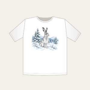 Hare in a Snowy Field with Pines T-Shirt in white: A hare pauses in a snowy field among pines in white, grey and ice blue.