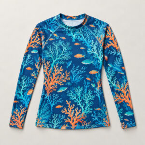 Teal Branch Coral Long Sleeve Rash Guard with all-over branching coral and small fish in teal and orange on deep blue