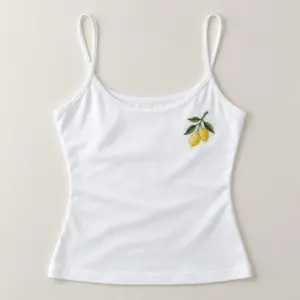 Embroidered Lemon Branch Tank with small embroidered lemon branch with two lemons and leaves at the left chest in yellow and green thread