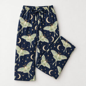 Midnight Moths Pajama Pants with an all-over pattern of pale luna moths and crescent moons on deep navy, with tiny star dots