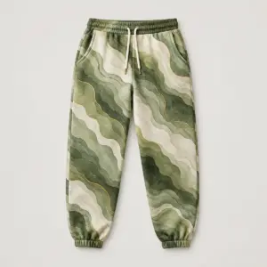 Moss Contour Sweatpants with soft moss contour lines in olive, sage and cream with a thin gold line