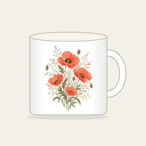Poppies and Fine Grasses Illustration Mug in white: Poppies and fine grasses drawn in coral and olive on a cream ground.
