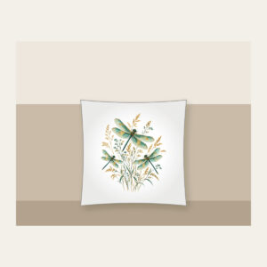 Dragonflies over Meadow Grasses Pillow in white: Teal and gold dragonflies hover over fine meadow grasses.